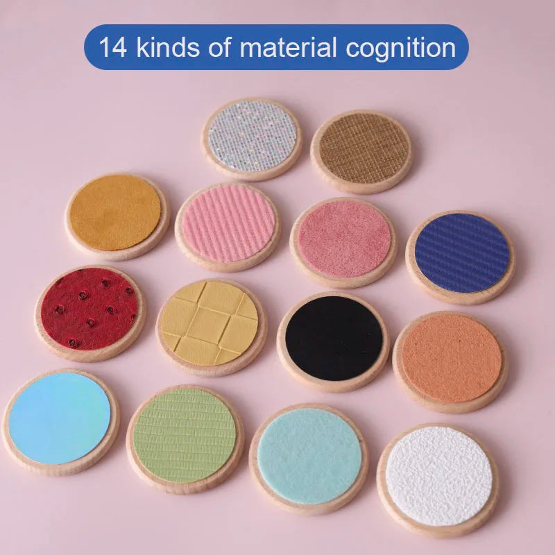 Assorted round textured material samples on a pink background with text '14 kinds of material cognition'.