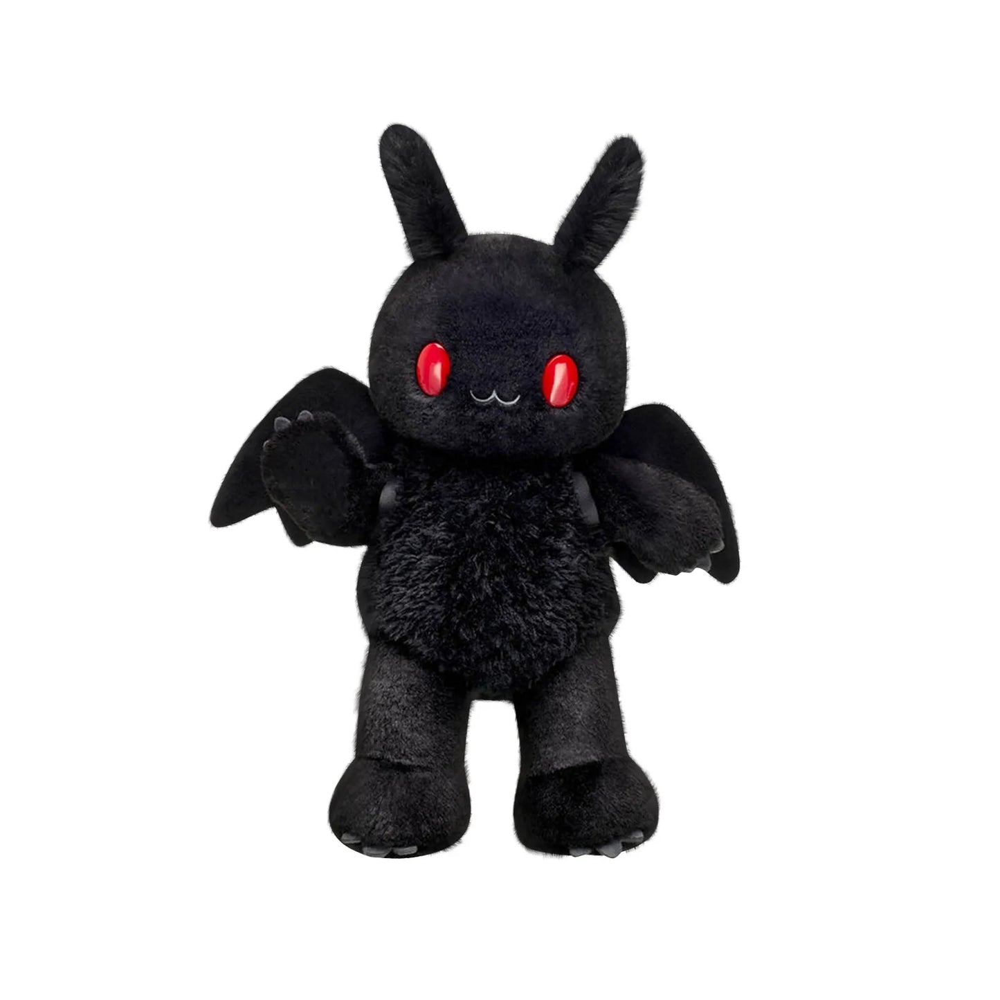 Black plush toy with red eyes on a white background