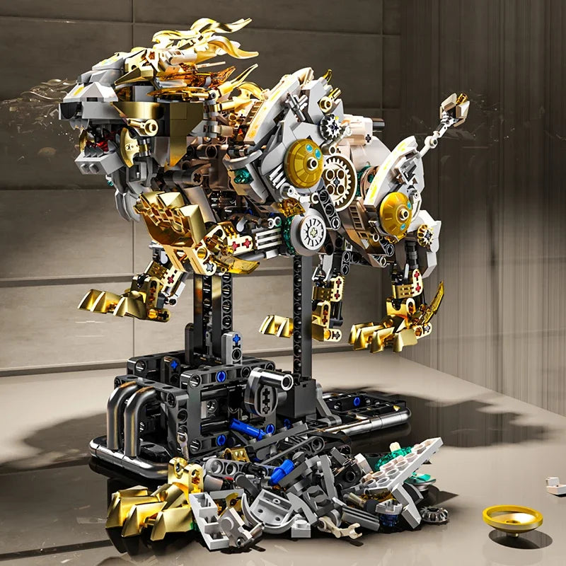 Complex mechanical model made from interlocking pieces on a neutral background