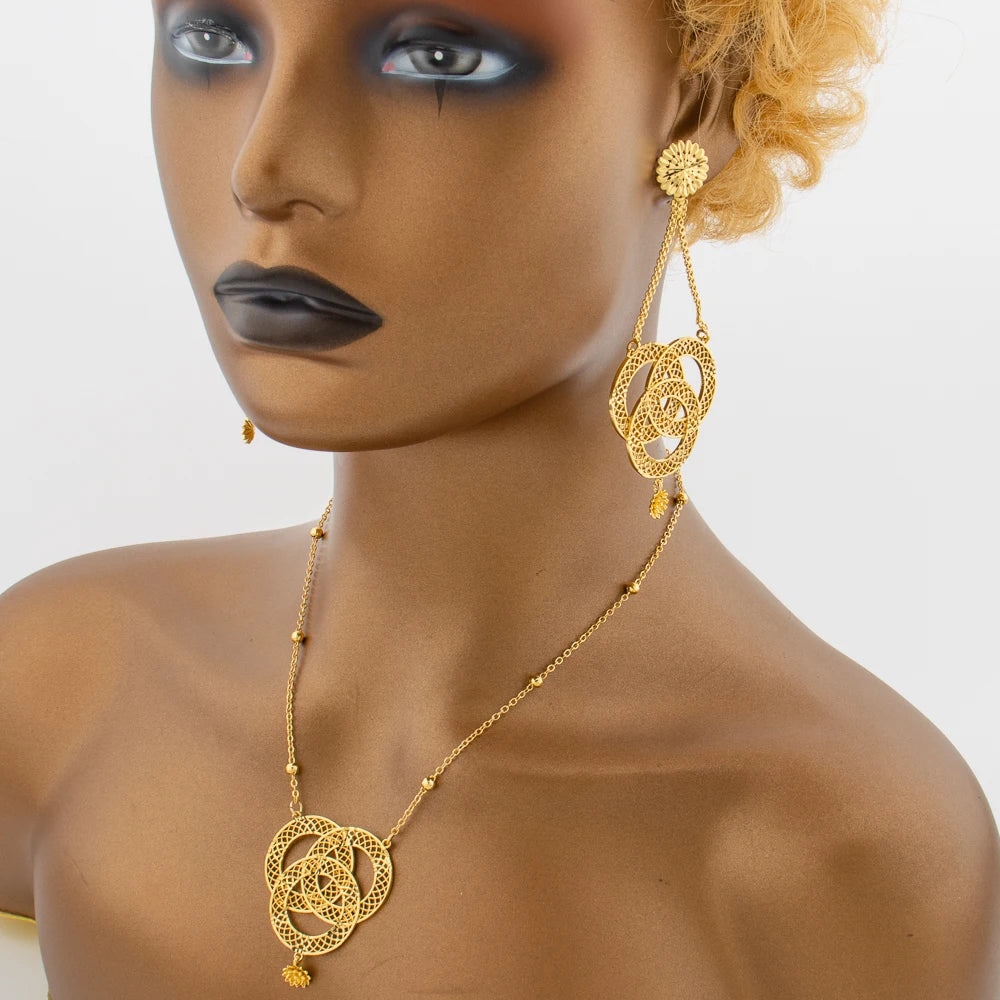 African Gold Plated Jewelry Set | Tassel Earrings & Pendant Necklace