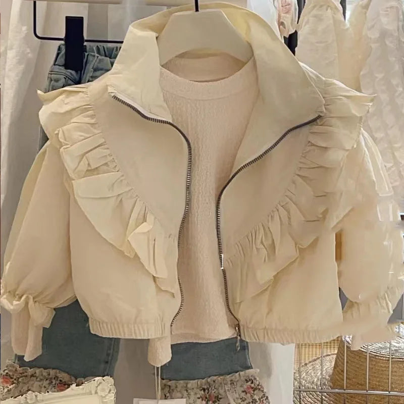 Baby Girls Autumn Coat | Korean Fashion Solid Color Zipper & Lace