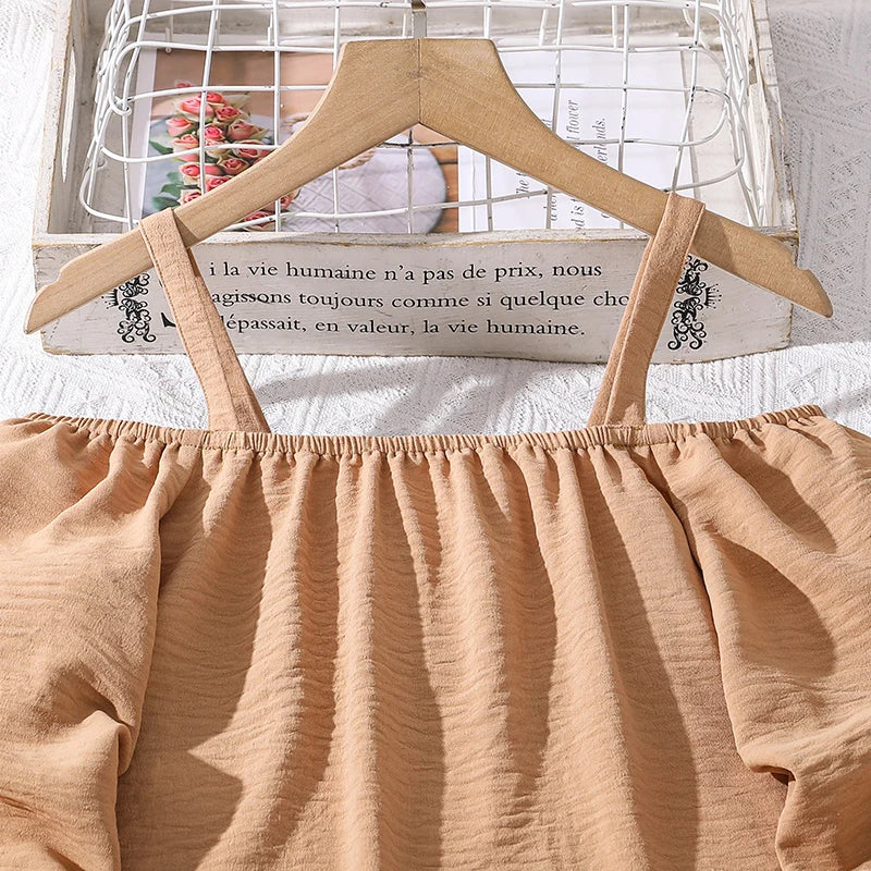 Girls’ Khaki Off-Shoulder Top & Stripe Pants Set | Summer Resort Style