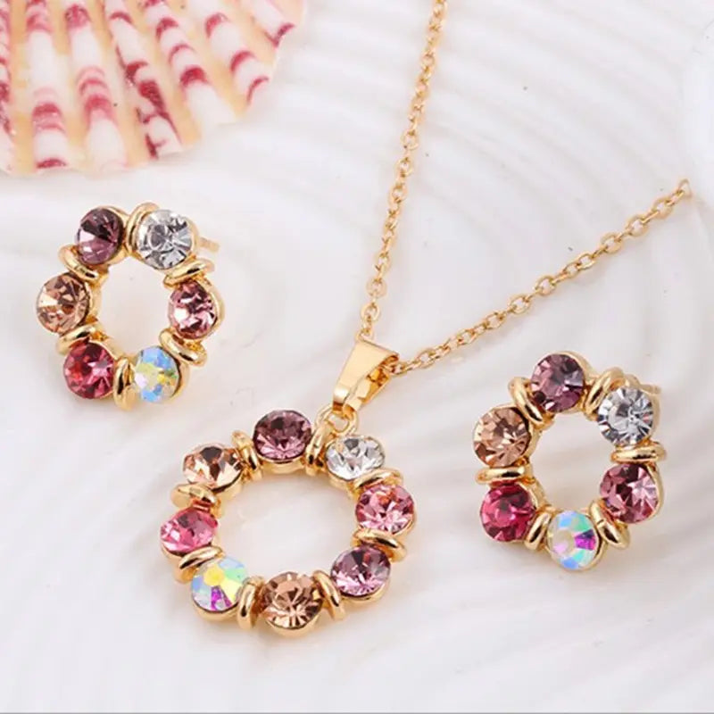 3pcs Gold Necklace & Earrings Set | Celebrity Style Diamond Circle