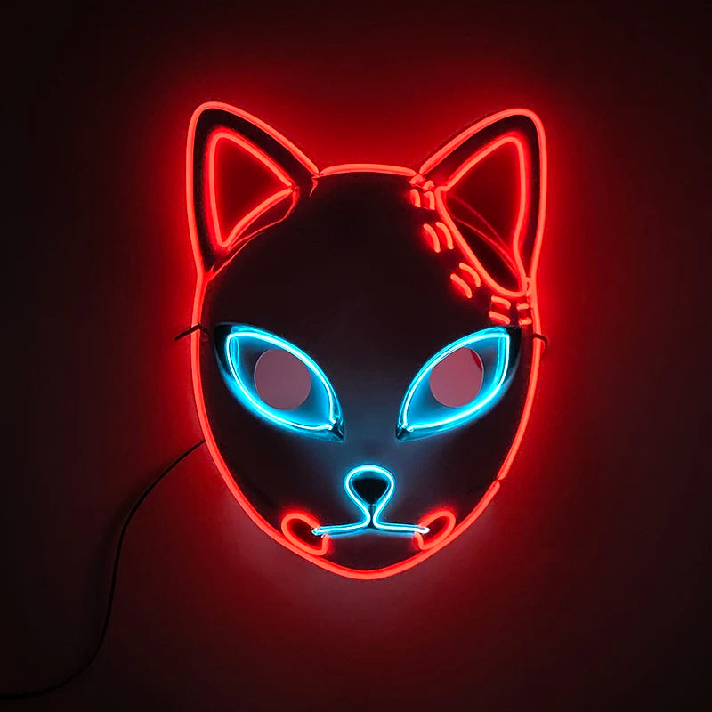 Neon cat mask with red outline and blue eyes on a dark background
