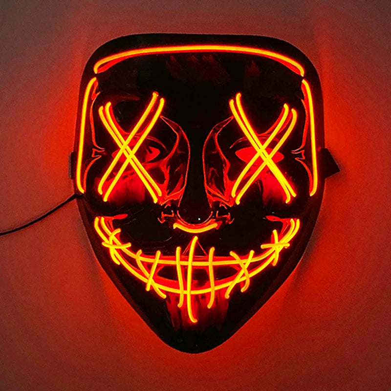 Neon LED mask glowing with red and yellow lights on a dark background