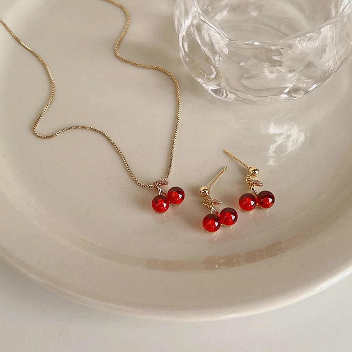 2PCS Women’s Jewelry Set | Red Cherry Pendant Necklace & Earrings