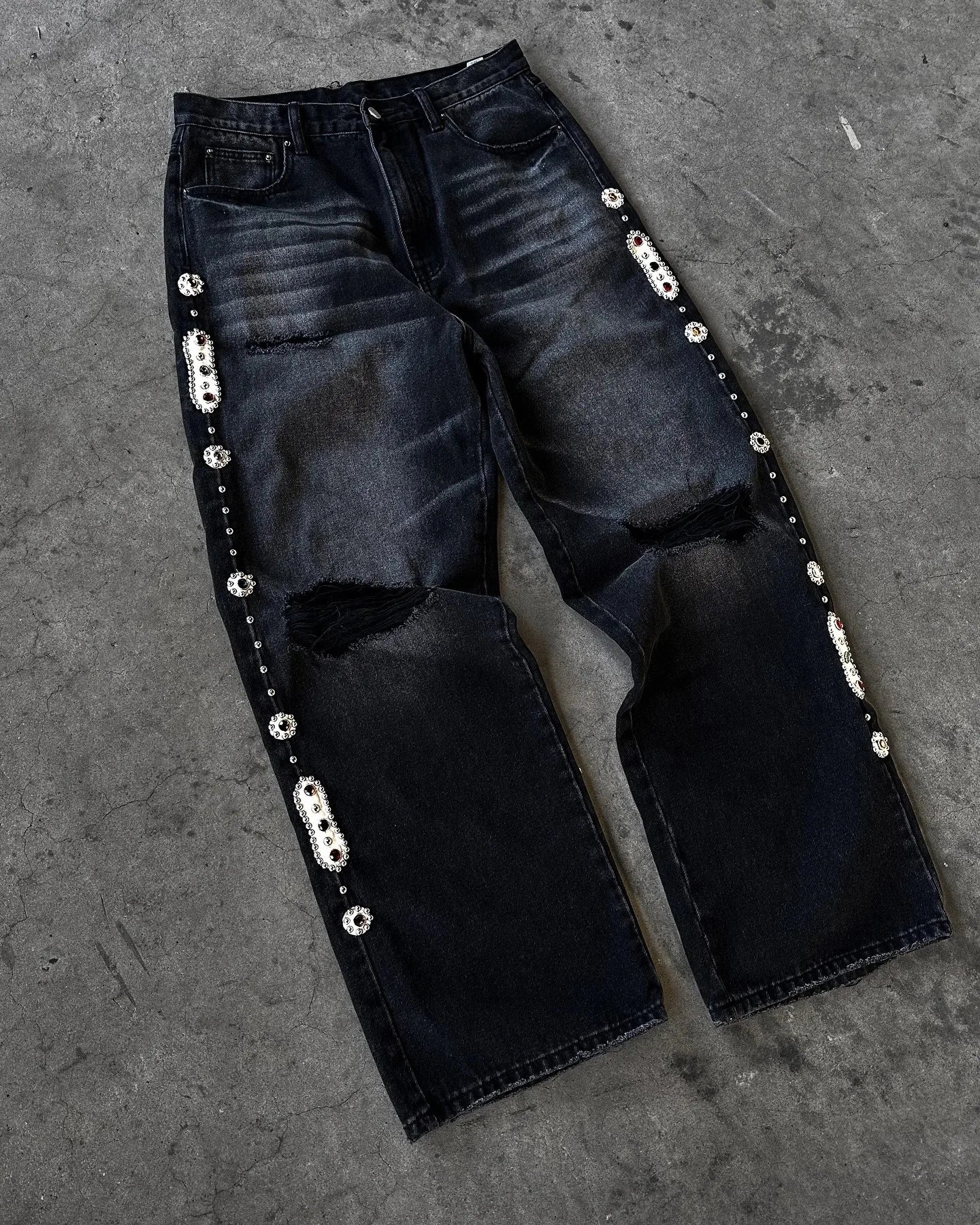 Gothic Diamond Embroidered Flared Jeans | Women’s Y2K