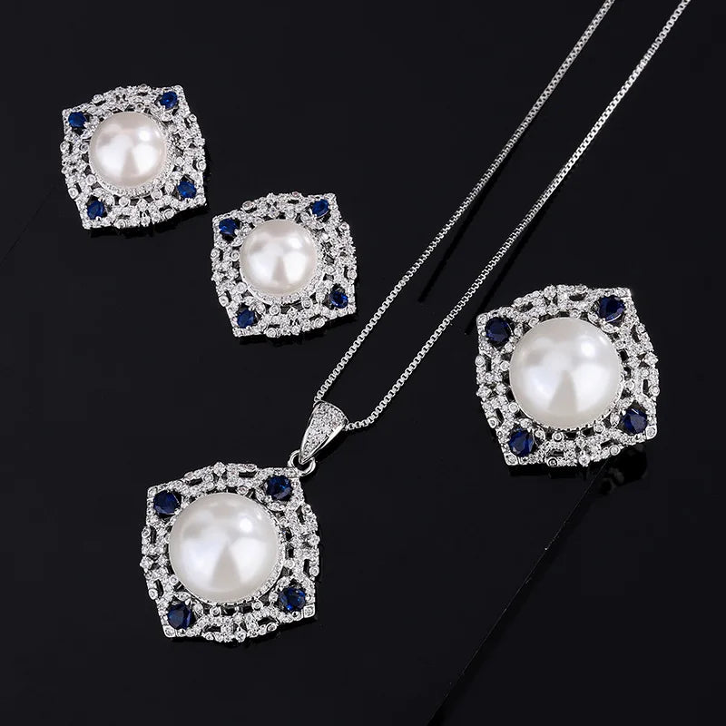 S925 Silver & 18K Gold Platinum Pearl Jewelry Set | Korean Sapphire