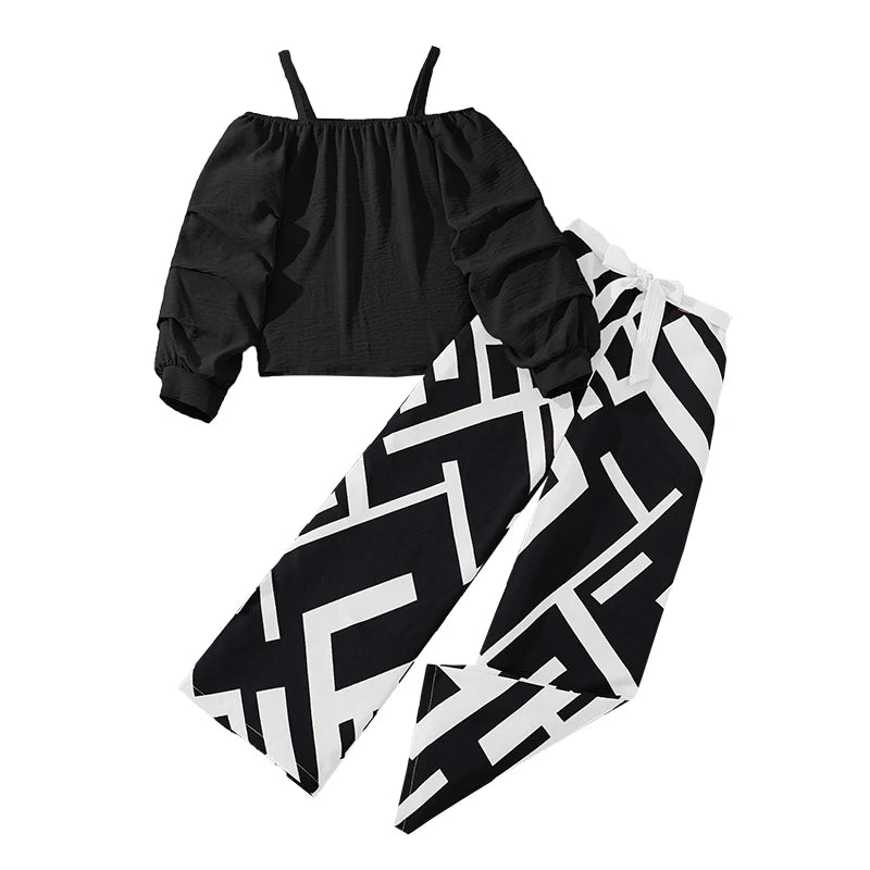 Girls’ Khaki Off-Shoulder Top & Stripe Pants Set | Summer Resort Style