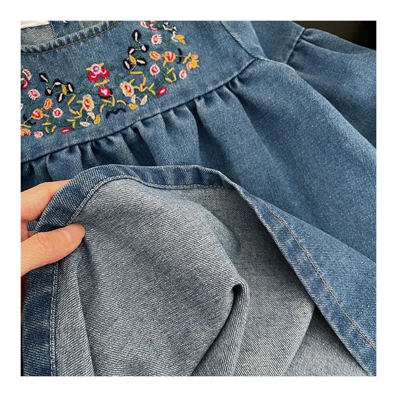 Girls’ Spring & Autumn Denim Dress | Floral Embroidered Long Sleeve