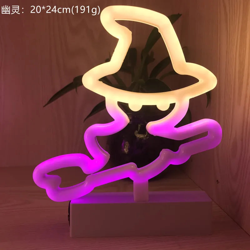 Neon light shaped like a witch's hat with gradient color on a wooden surface.