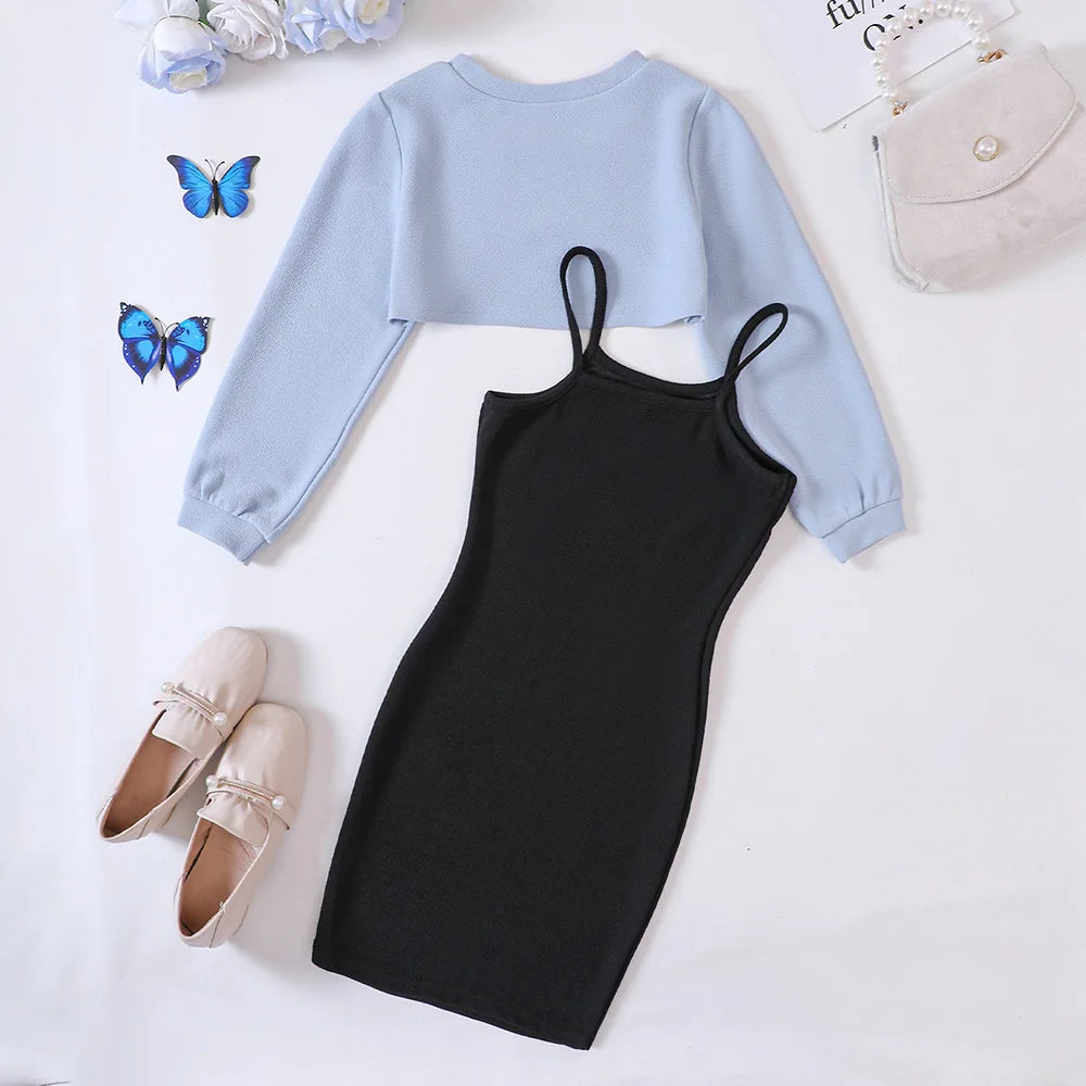 Girls Autumn Casual Clothing Set | Long Sleeve Top & Printed Cami