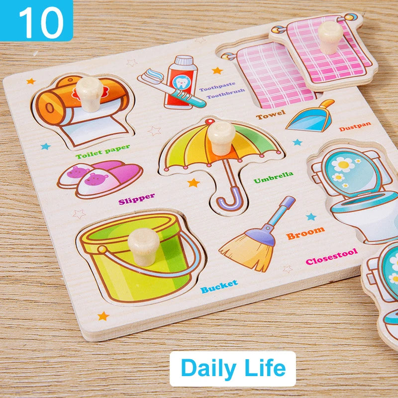 Wooden puzzle with daily life items on a wooden surface