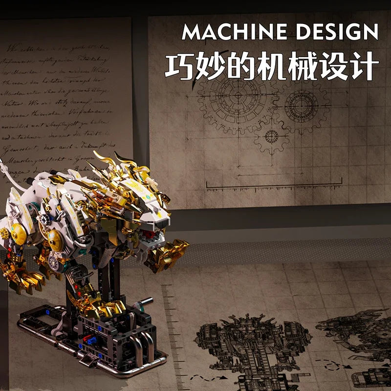 Mechanical dragon model with intricate design in a room with architectural drawings on the wall.
