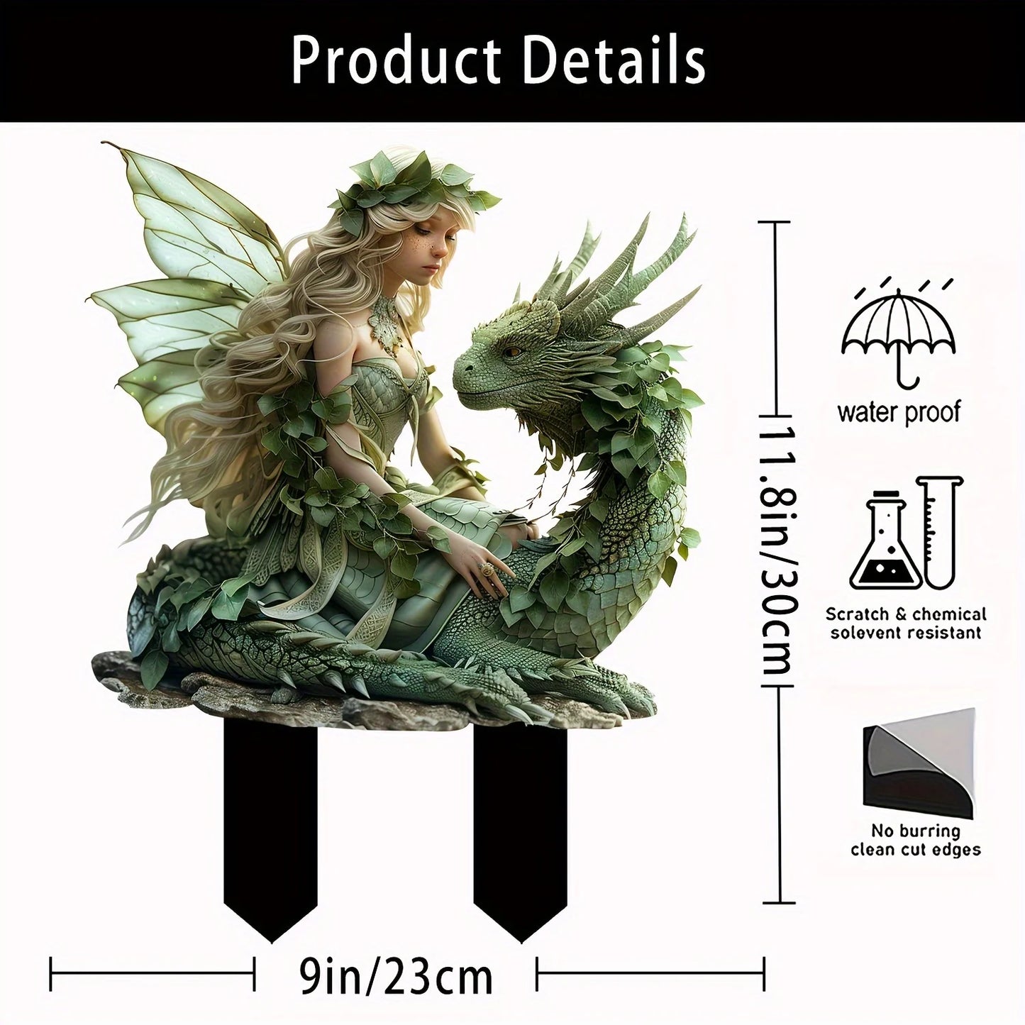 Charming Green Fairy with Dragon Garden Pile - Acrylic Outdoor Art, Bohemian Style Patio Decor, Flower Pot Landscape Accessories