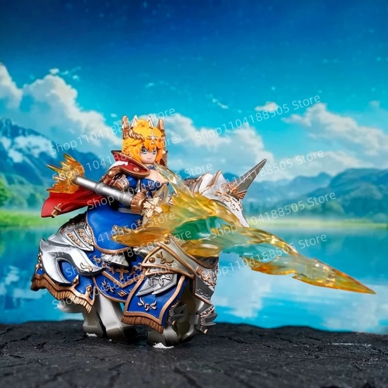 Colorful figurine with armor and wings against a scenic background