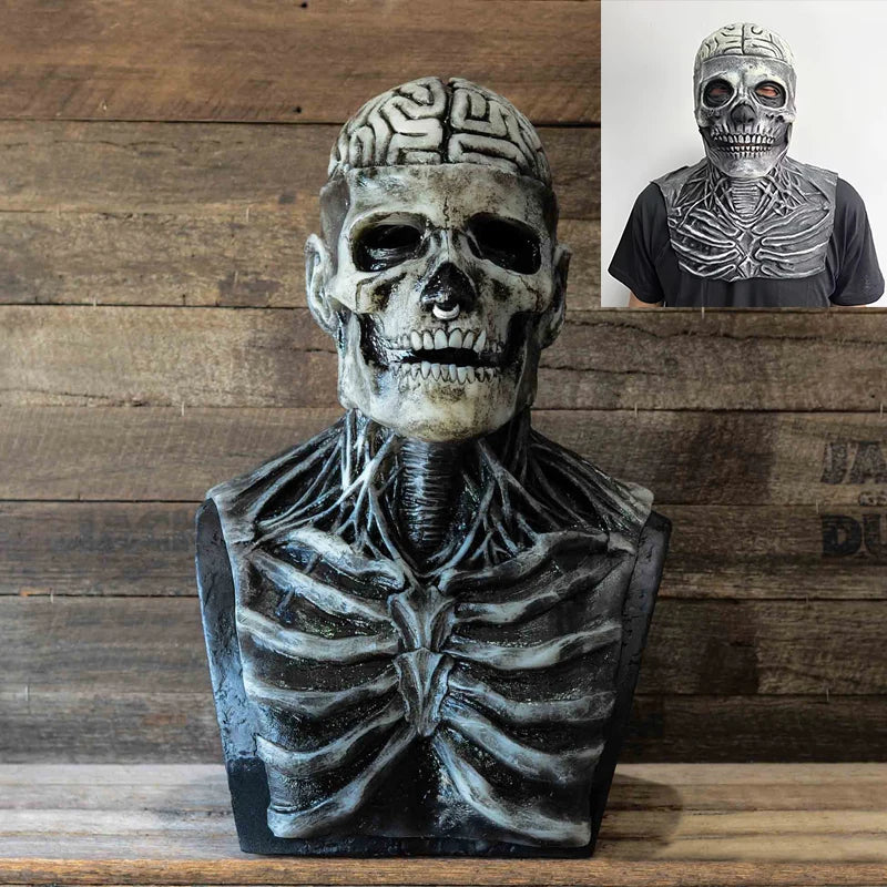 Skeletal bust and a person wearing a skeleton-themed mask against a wooden background