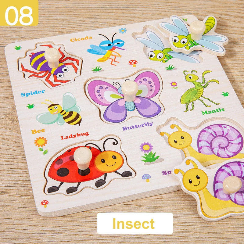 Children's educational puzzle with insect illustrations on a wooden surface