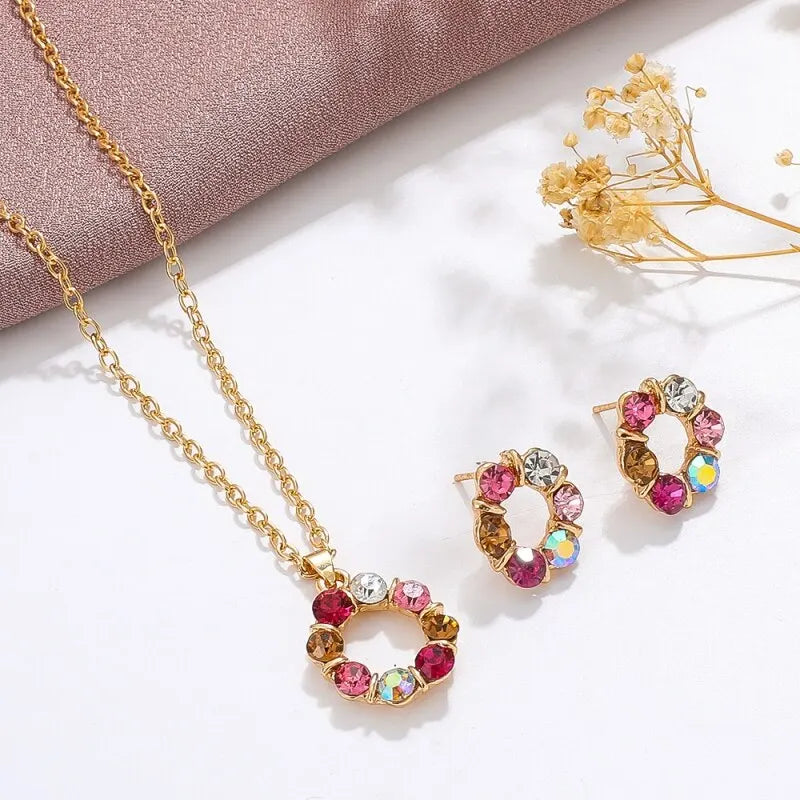 3pcs Gold Necklace & Earrings Set | Celebrity Style Diamond Circle