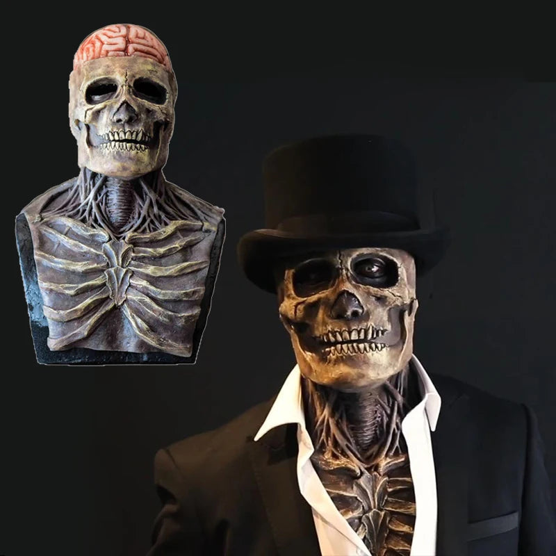 Skull-themed mask with a brain design on top and a skeleton design on the face, worn by a person in formal attire.