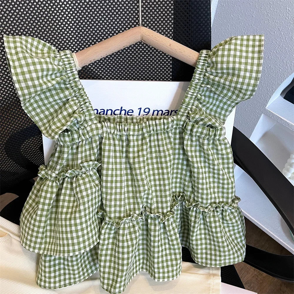 Girls’ Summer Two-Piece Set | Plaid Camisole & Wide Leg Trousers