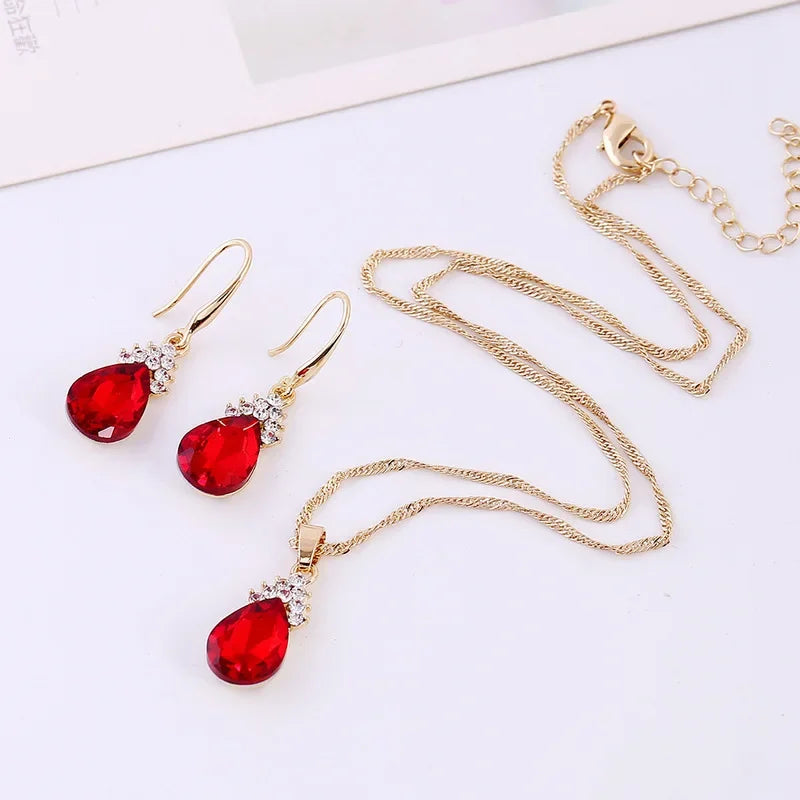 3pcs Gold Jewelry Set | Crystal Bridal Necklace & Earrings Set