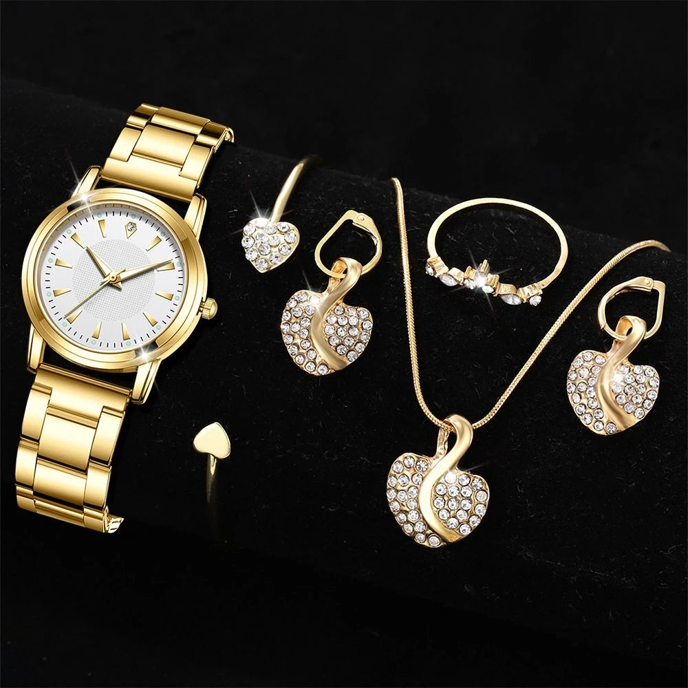 Women’s Gold Quartz Watch & Jewelry Set | Luxury Rhinestone