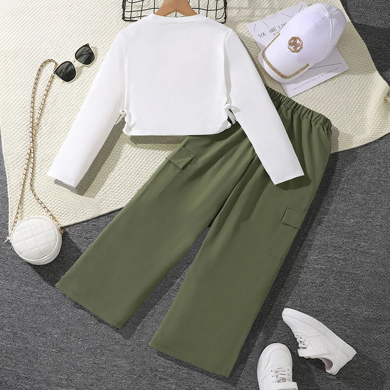 Girls’ Clothing Set 4-7 Years | White Printed Long Sleeve & Army Green Pants