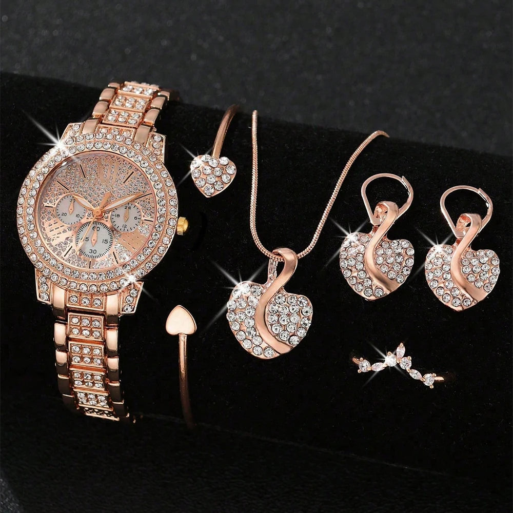 Women’s Gold Quartz Watch & Jewelry Set | Luxury Rhinestone