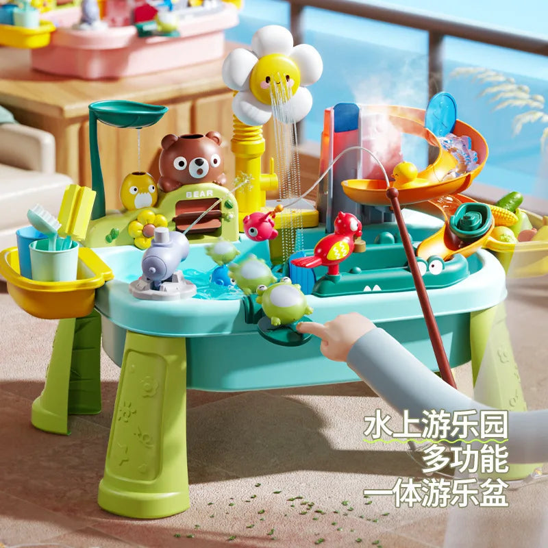 Children's toy water table with various animal figures and a child interacting with it.