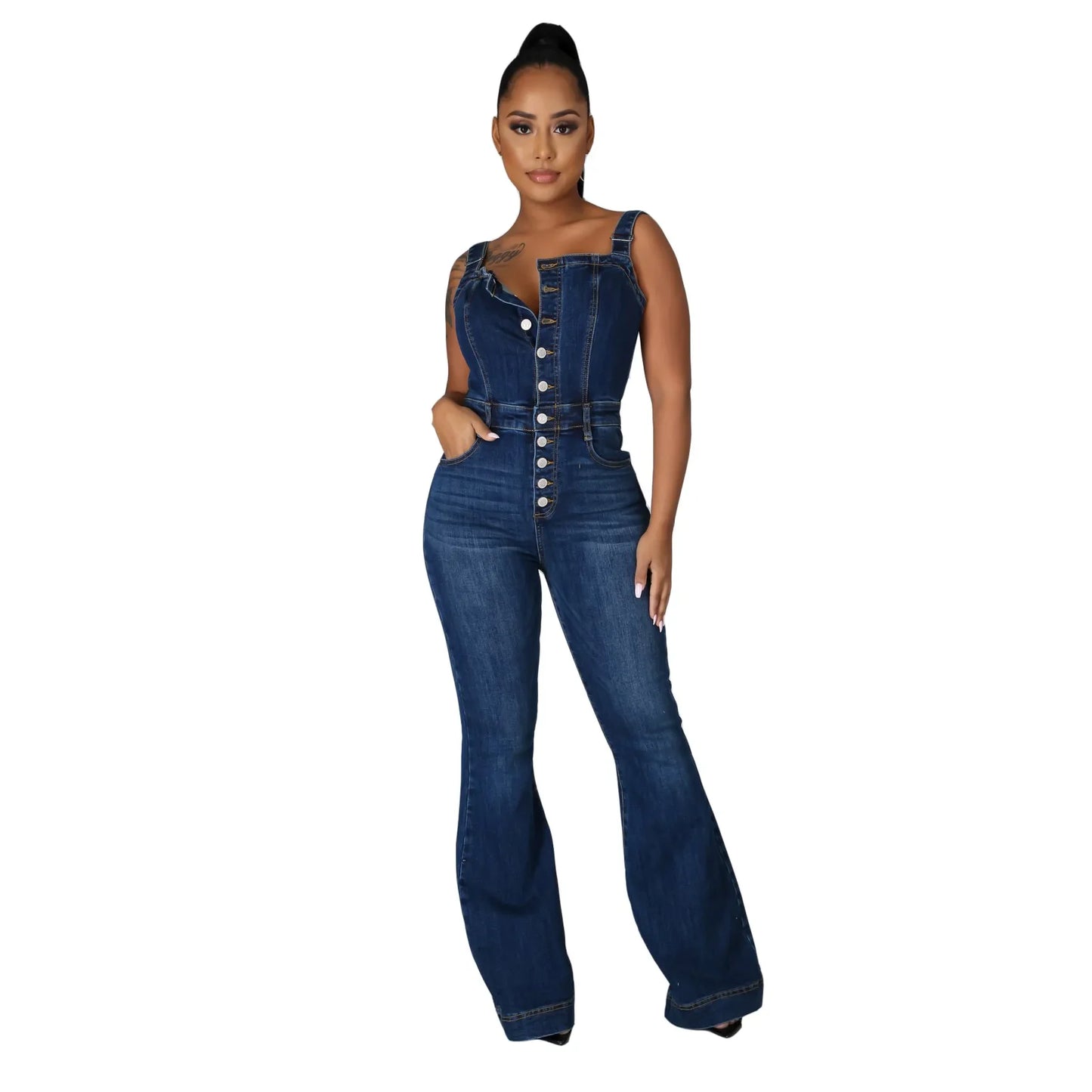 Women’s Casual Denim Bib Jumpsuit Wide Leg Pants