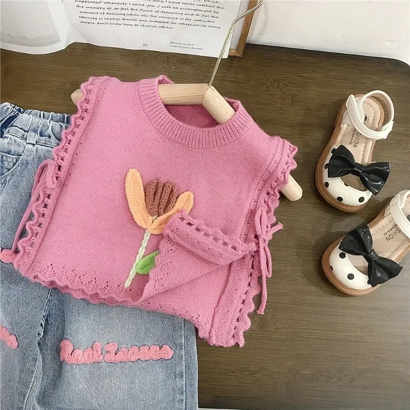 Children’s Pink Knitted Waistcoat & Jeans Set | Summer Outfit 2-7 Years