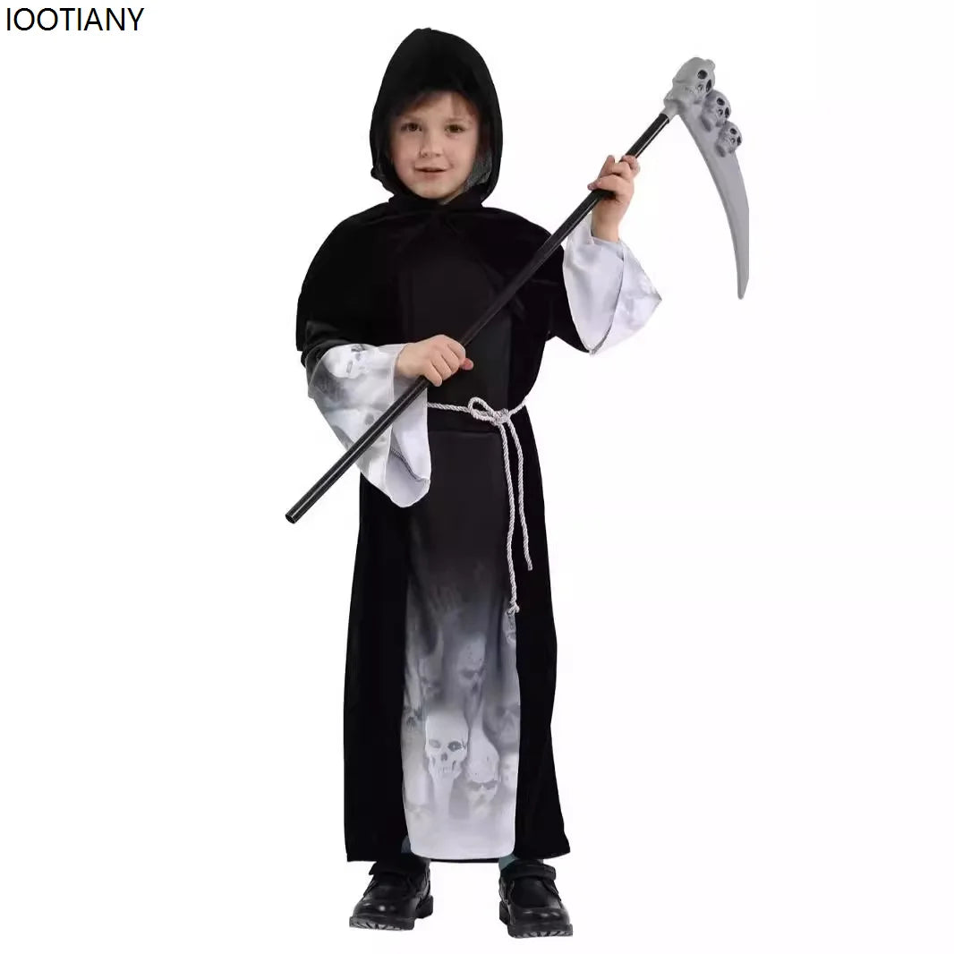 Child in a black hooded costume holding a scythe on a white background