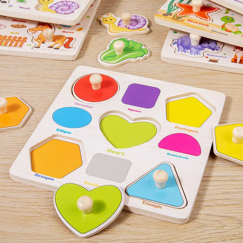 Wooden shape sorting puzzle with colorful geometric shapes on a wooden surface.
