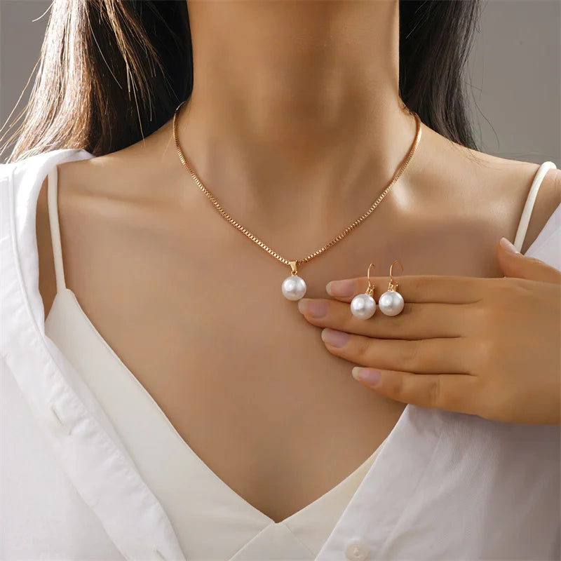 3-Pcs Round Pearl Jewelry Set | Earrings & Pendant Necklace