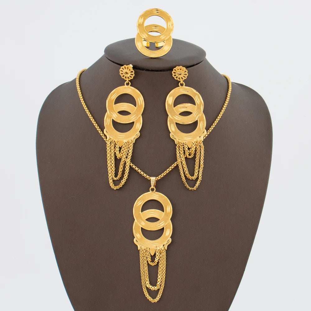 African Gold Plated Jewelry Set | Tassel Earrings & Pendant Necklace
