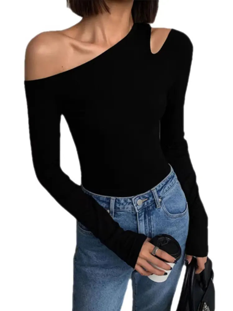 Women’s Skew Collar Off-Shoulder Long Sleeve Crop Top