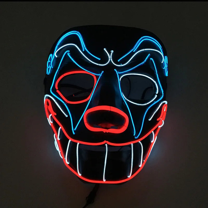 Neon LED mask with blue and red lights on a dark background