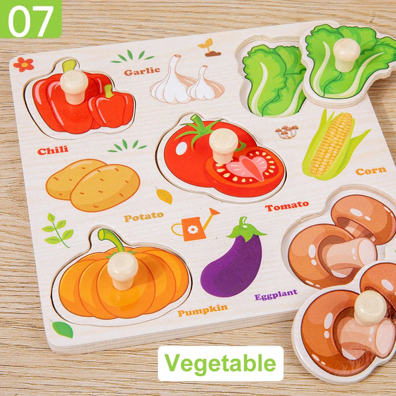 Wooden puzzle with illustrations of vegetables on a wooden surface