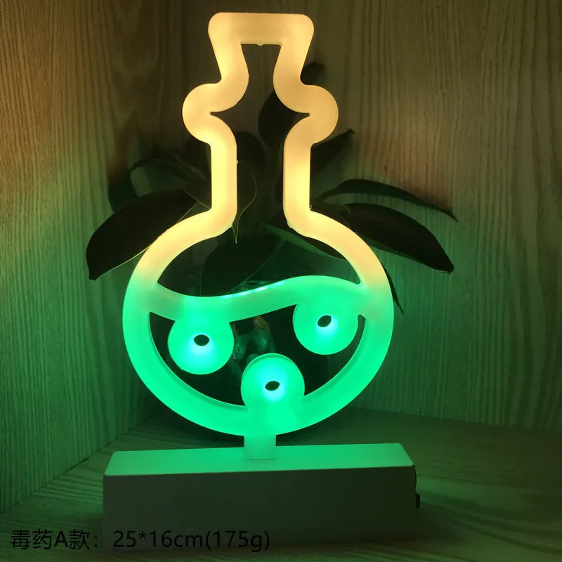 Decorative lamp with green light on a wooden surface