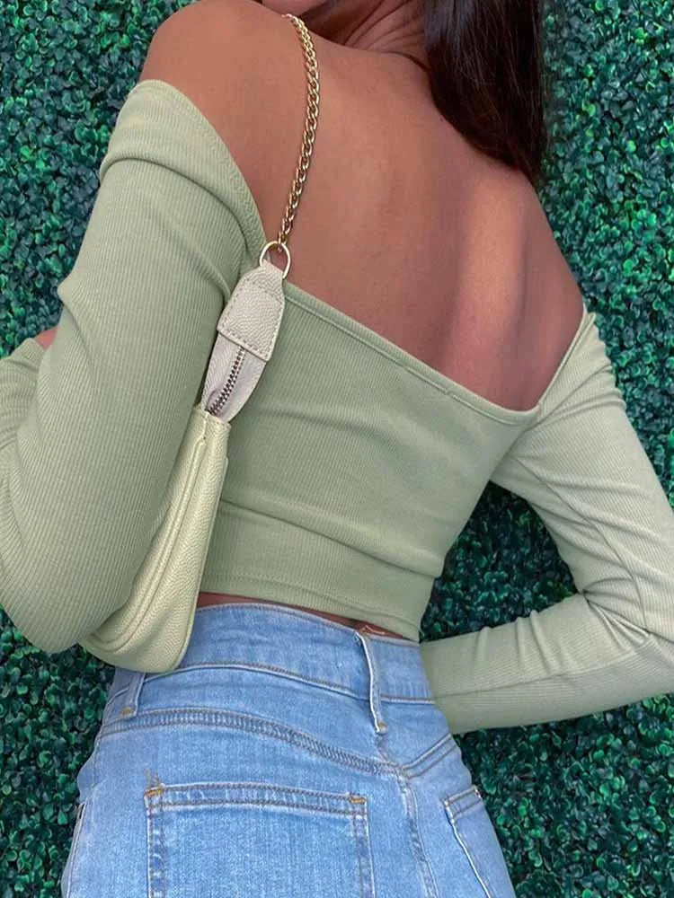 Women’s Hollow-Out V-Neck Long Sleeve Ribbed Crop Top