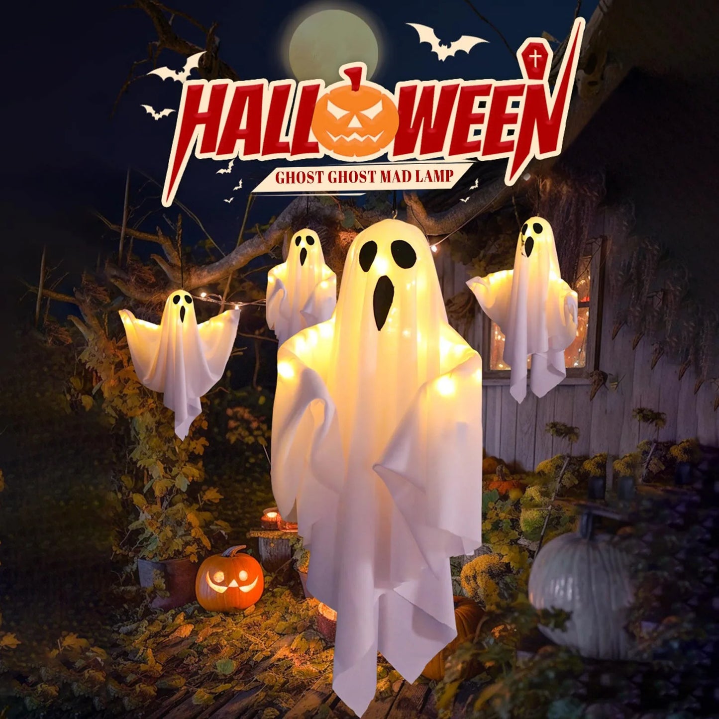 Light-Up Hanging Ghost | 50x40cm White Flying Decoration
