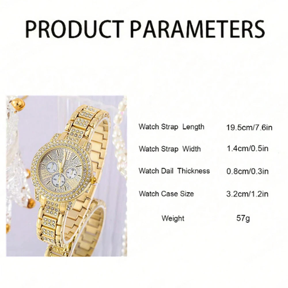 Women’s Gold Quartz Watch & Jewelry Set | Luxury Rhinestone