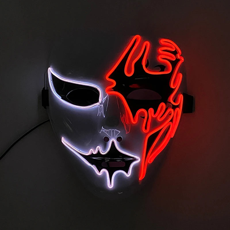 Neon mask with red and white design on a dark background