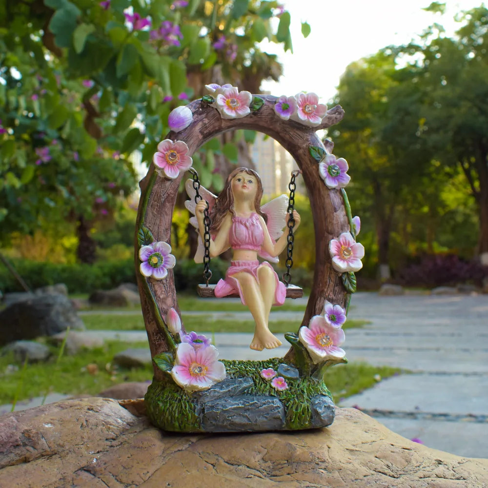 Solar Powered Garden Flower Fairy Waterproof Outdoor Statue Patio Lawn Yard Porch Decor Funny Swing Ornaments Gardening Gifts