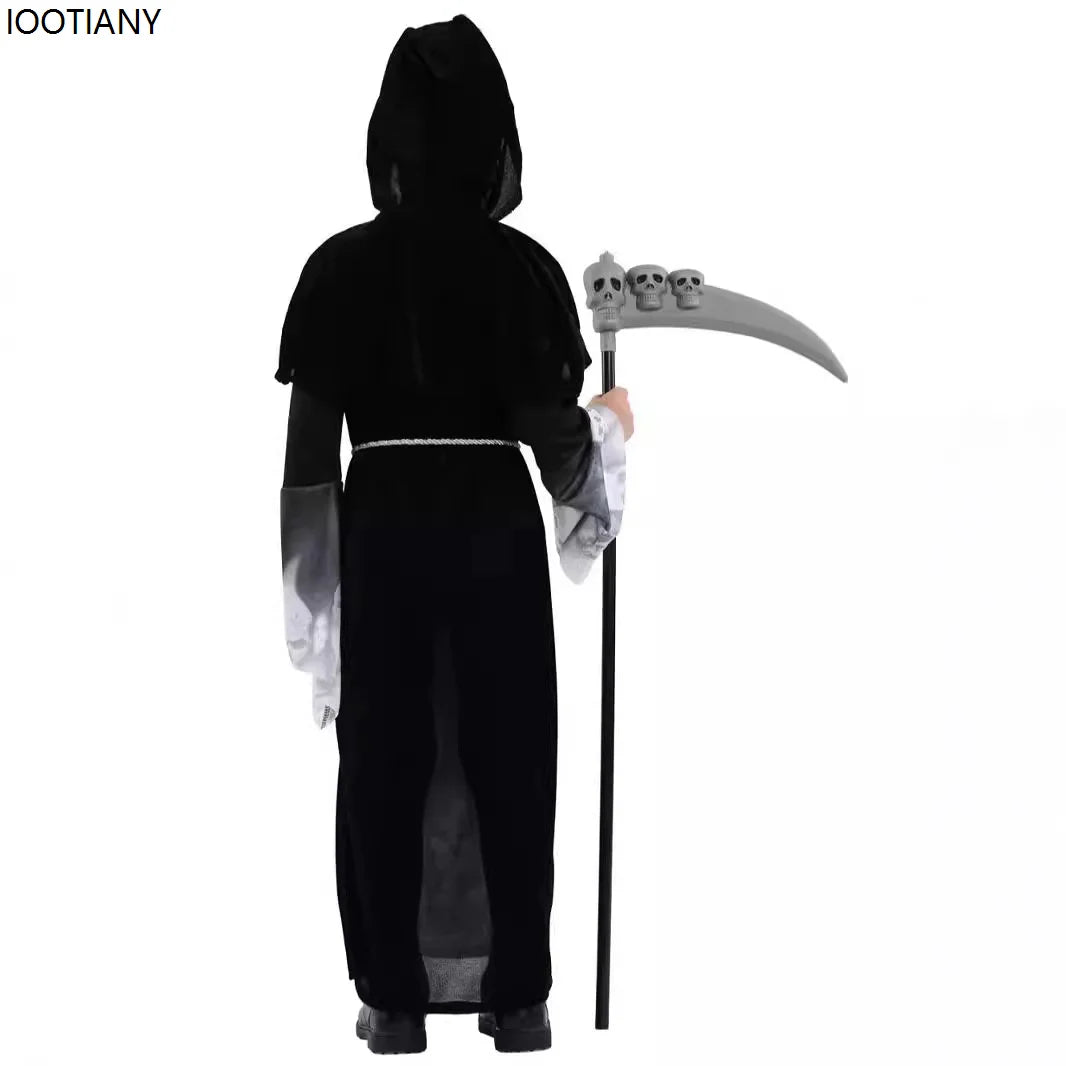 Person wearing a black hooded costume holding a gray scythe on a white background