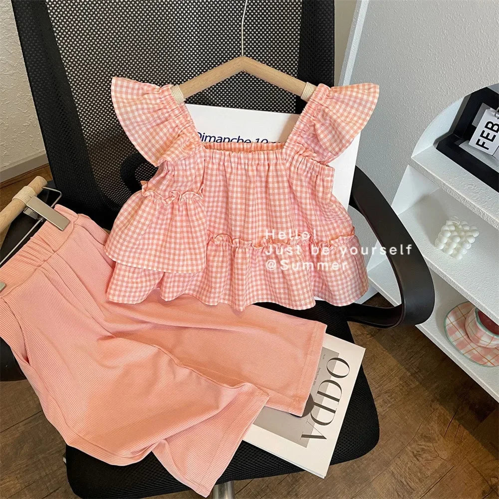 Girls’ Summer Two-Piece Set | Plaid Camisole & Wide Leg Trousers