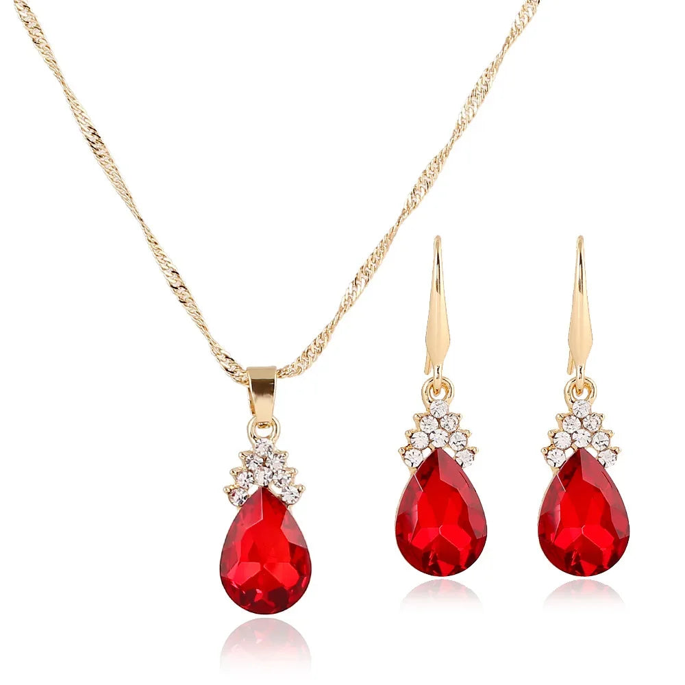 3pcs Gold Jewelry Set | Crystal Bridal Necklace & Earrings Set