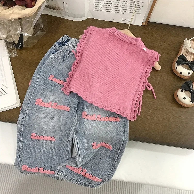 Children’s Pink Knitted Waistcoat & Jeans Set | Summer Outfit 2-7 Years