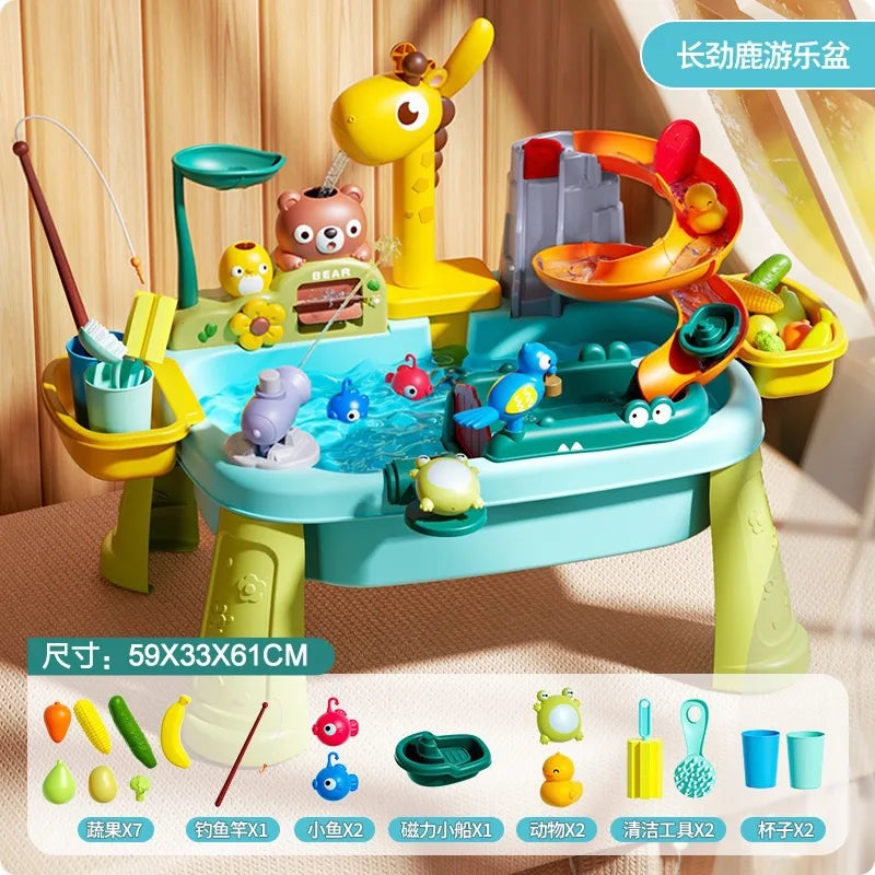 Colorful children's play table with various toys and accessories on a wooden floor.